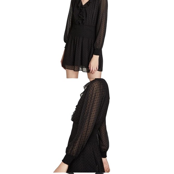 $60‎ EUC ZARA long sleeve mini dress S black lightweight sheer swiss dots v-neck - Picture 2 of 4